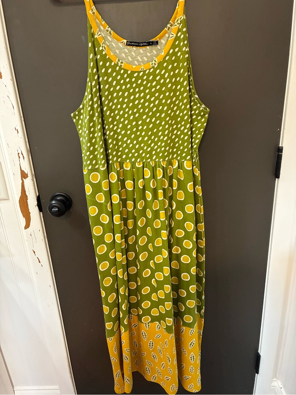 GUDRUN SJODEN Olive Green and Mustard Yellow Patterned Sleeveless Maxi Dress